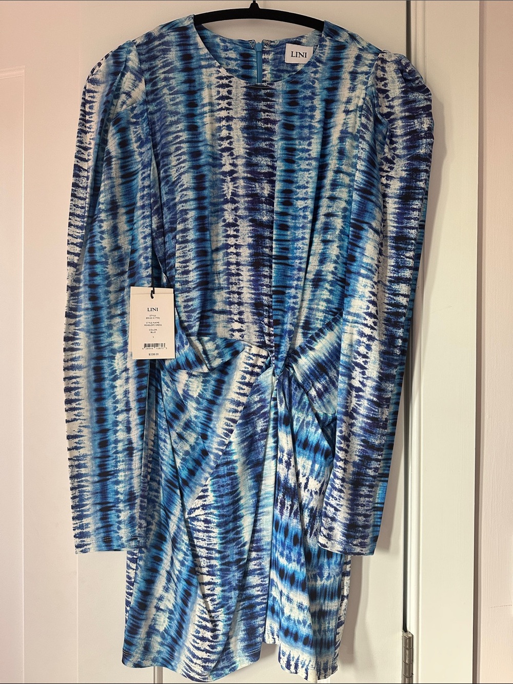 LINI Blue & White Tie-Dye Twist Front Long Sleeve Dress